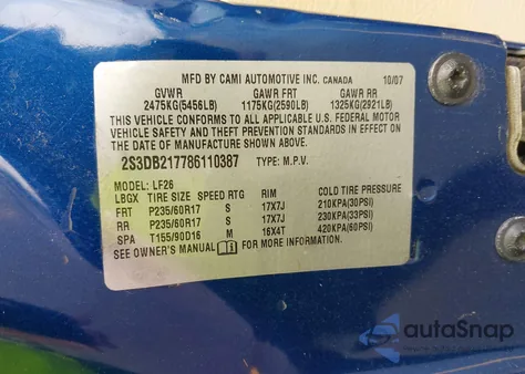 2008 Suzuki Xl7 Premium из США, поврежденный, VIN 2S3DB217786110387